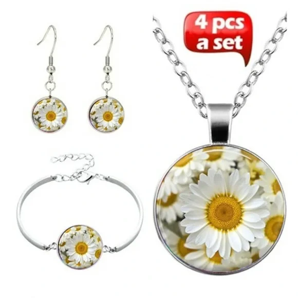 Sunflower Daisy Cabochon Glass Pendant Necklace Bracelet Set - Picture 1 of 4